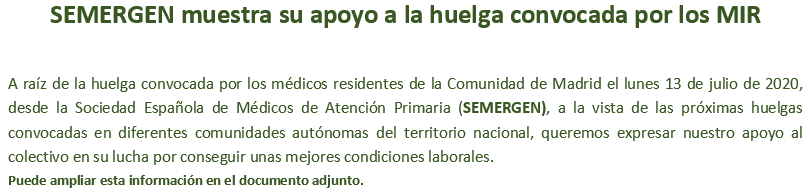 SEMERGEN muestra su apoyo a la huelga convocada por los MIR